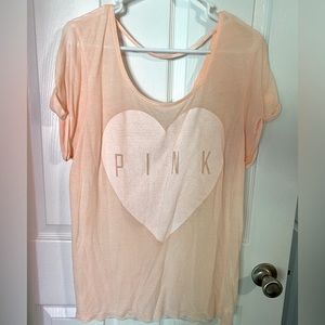 PINK Victoria Secret Peach Sheer T-shirt. Open V back, soft & lightweight.